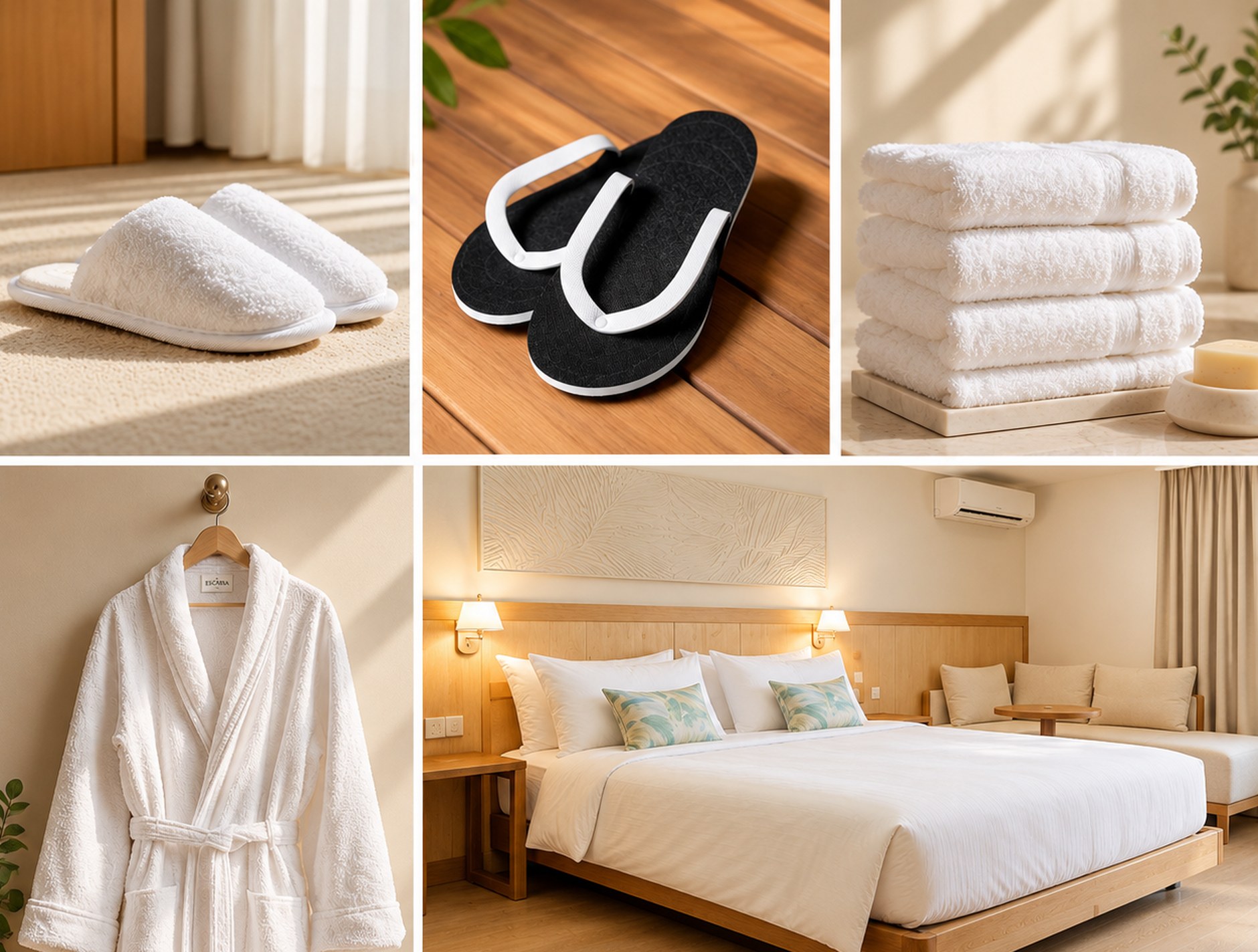 Escarra hospitality products: slippers, towels, robe and guest room
