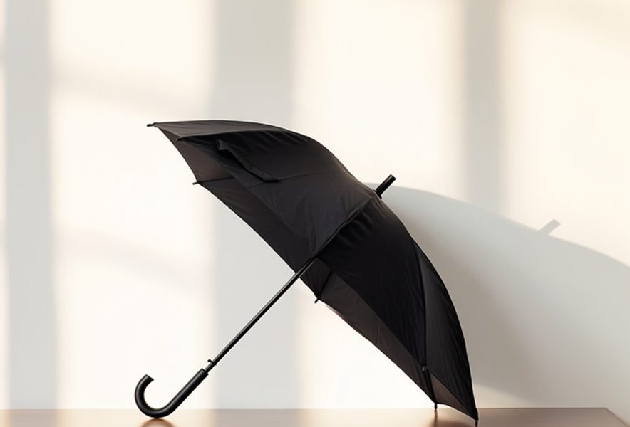 Black umbrella leaning against a wall