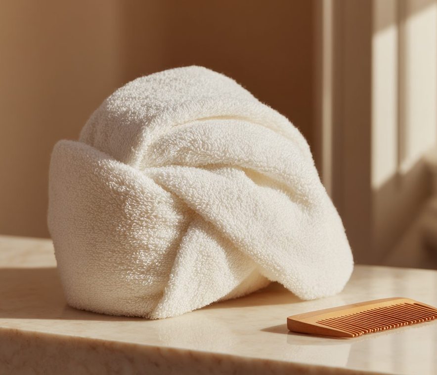 White towel wrap and comb on a vanity