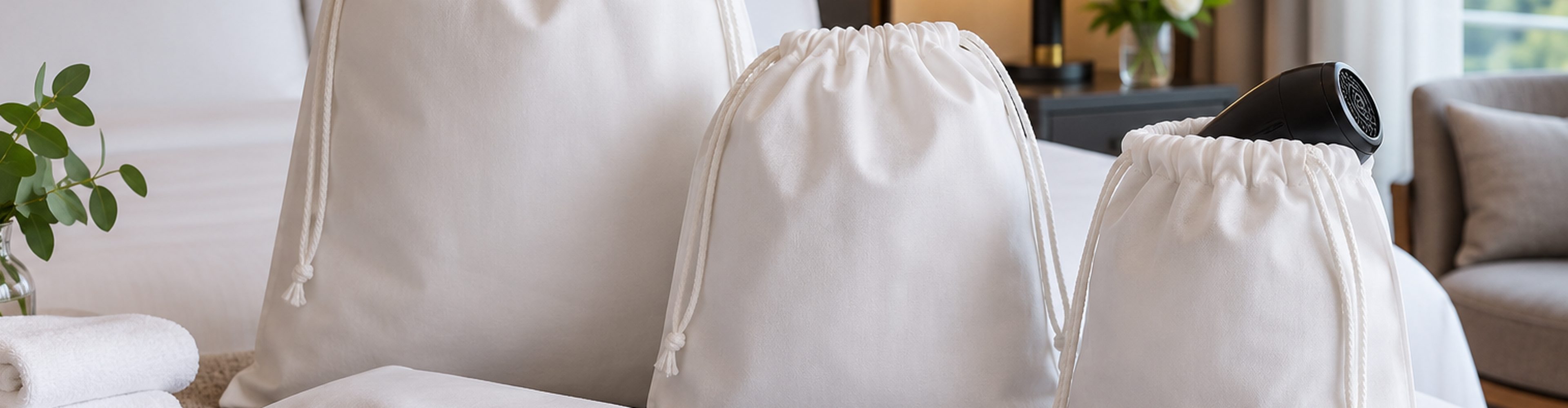 White drawstring bags in a hotel room
