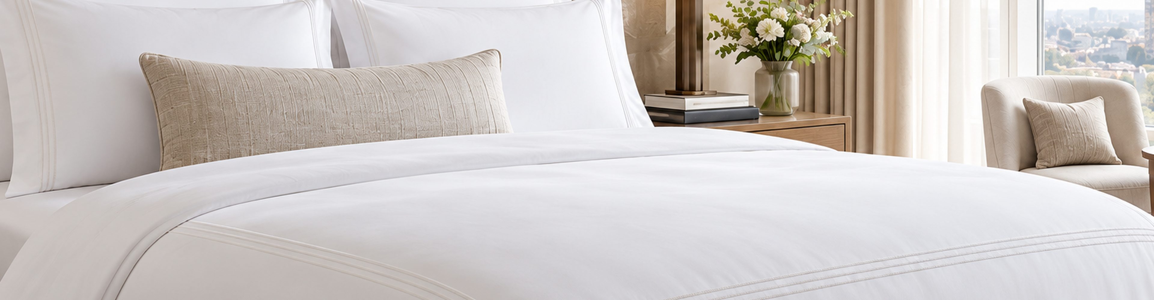 Hotel bed with white linens and a cushion