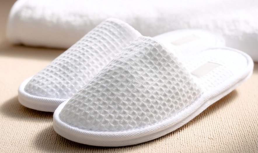 White waffle-weave slippers