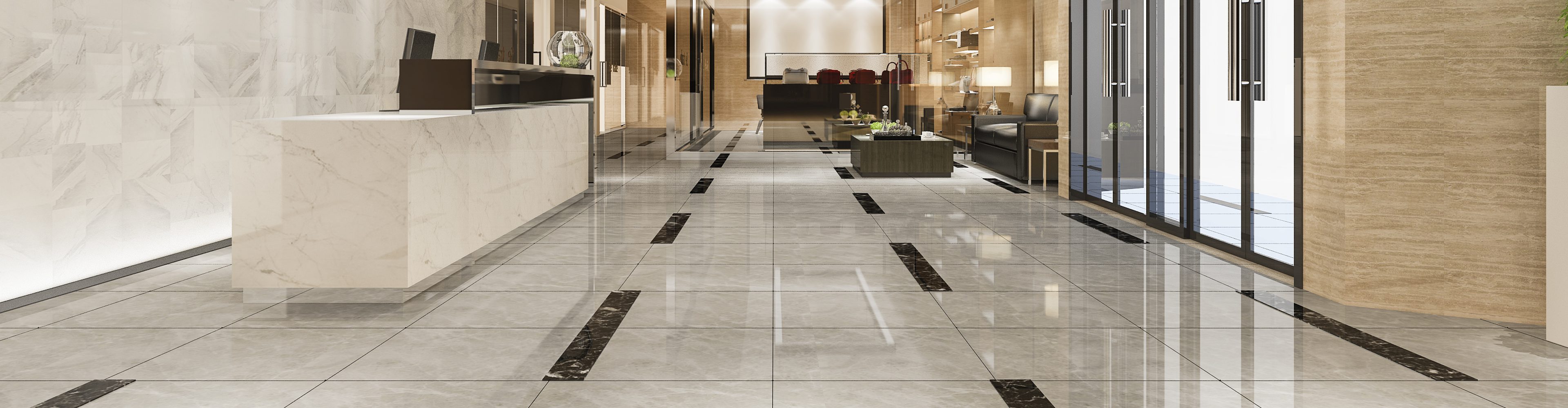 Hotel lobby with a marble reception desk