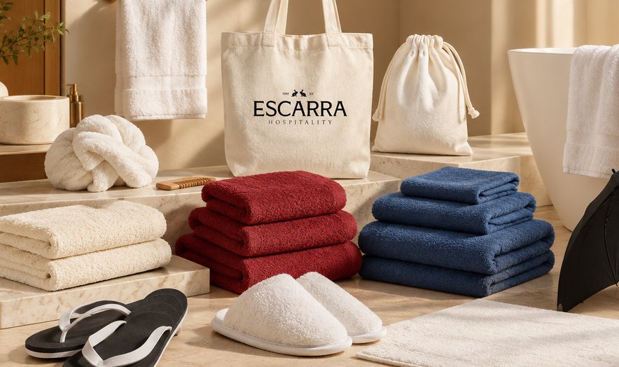 Escarra towels, slippers and bags laid out together