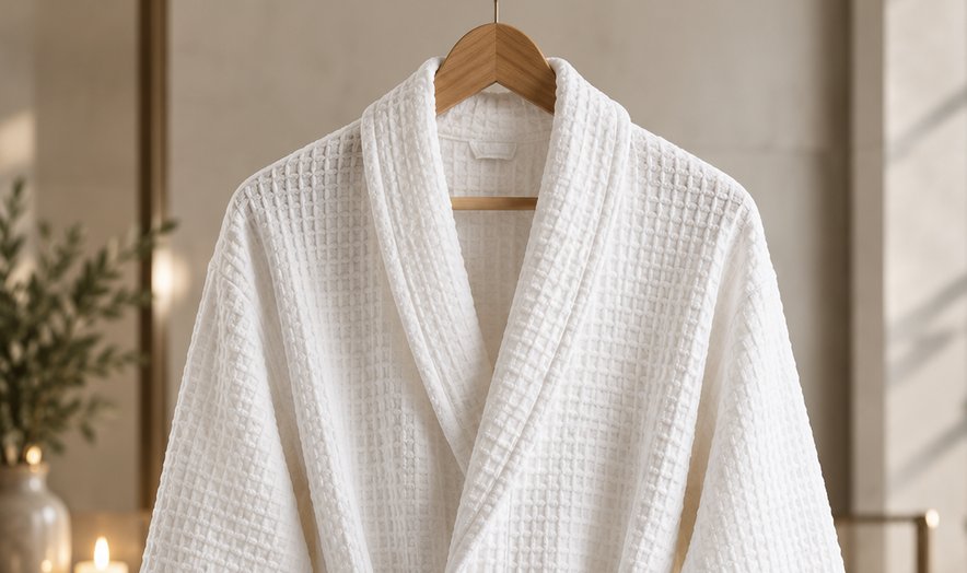 White waffle robe on a hanger