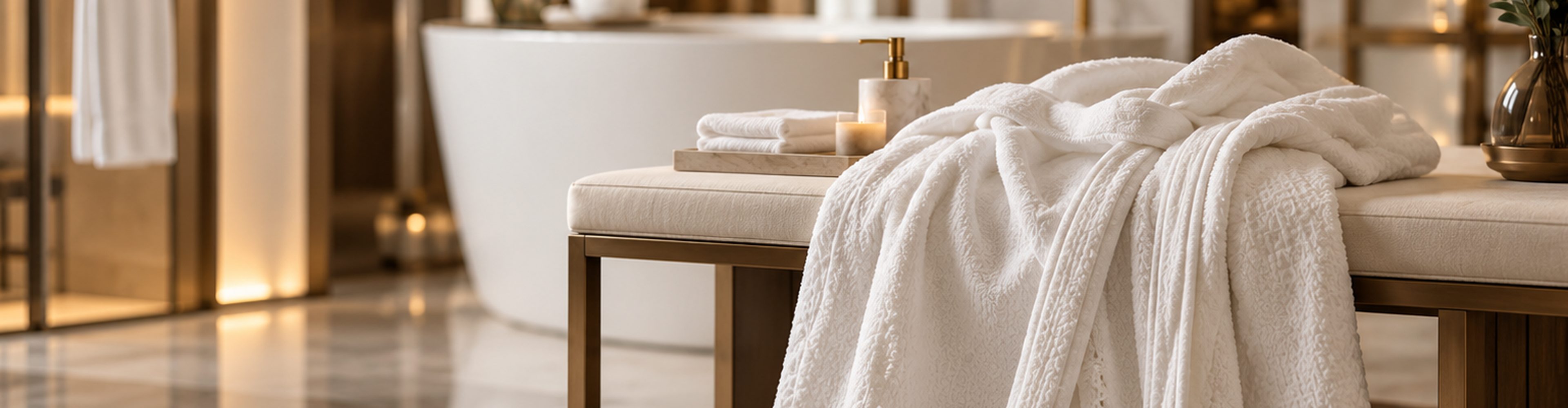 White robes beside a freestanding bathtub