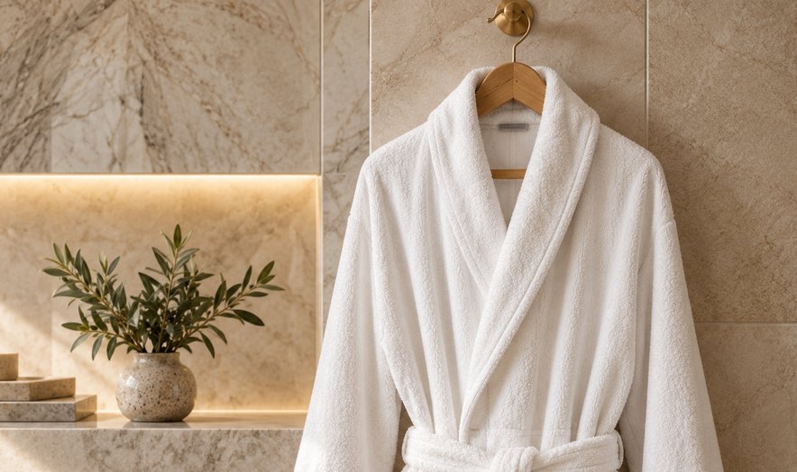White bathrobe hanging on a stone wall
