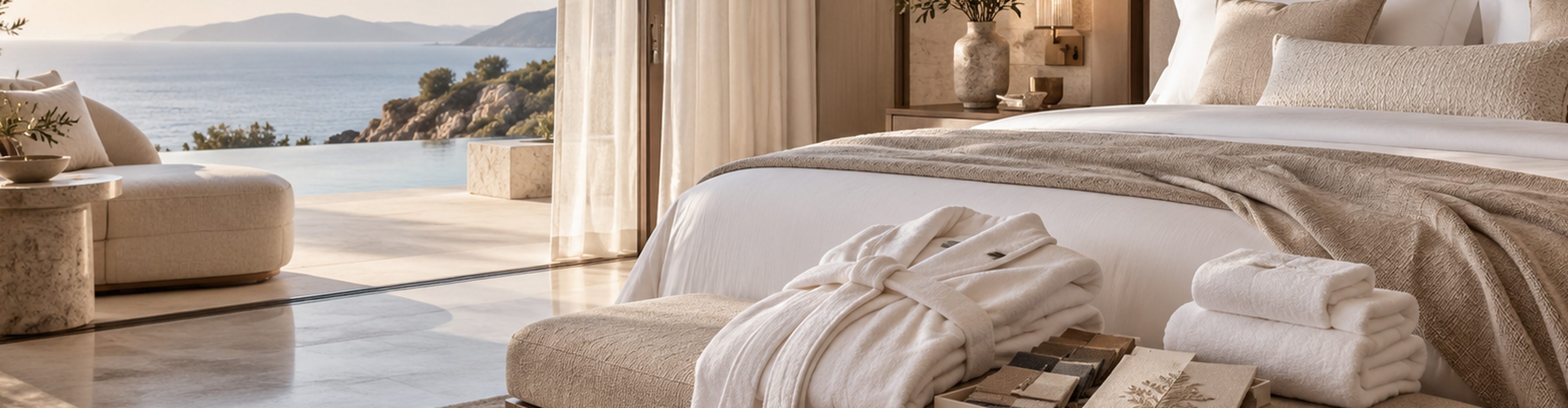 Hotel suite with robes and towels on the bed