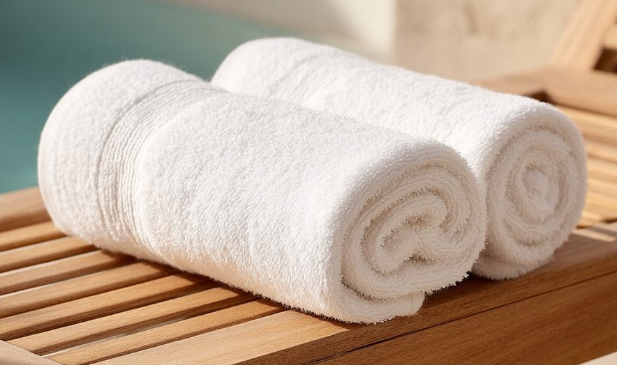 Rolled white towels on a wooden bench