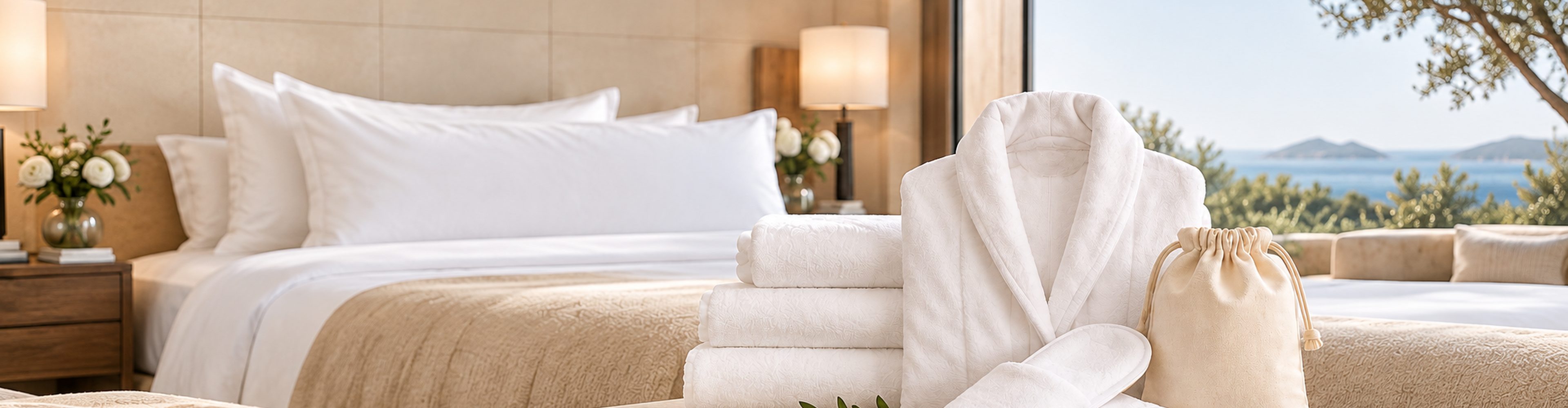 Hotel bedroom with a robe and towels by the sea