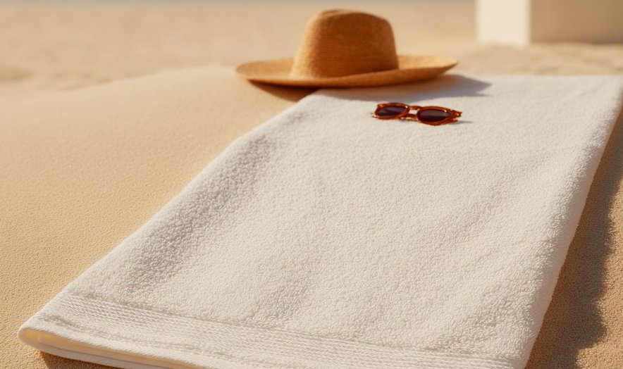Towel on a sun lounger with a straw hat